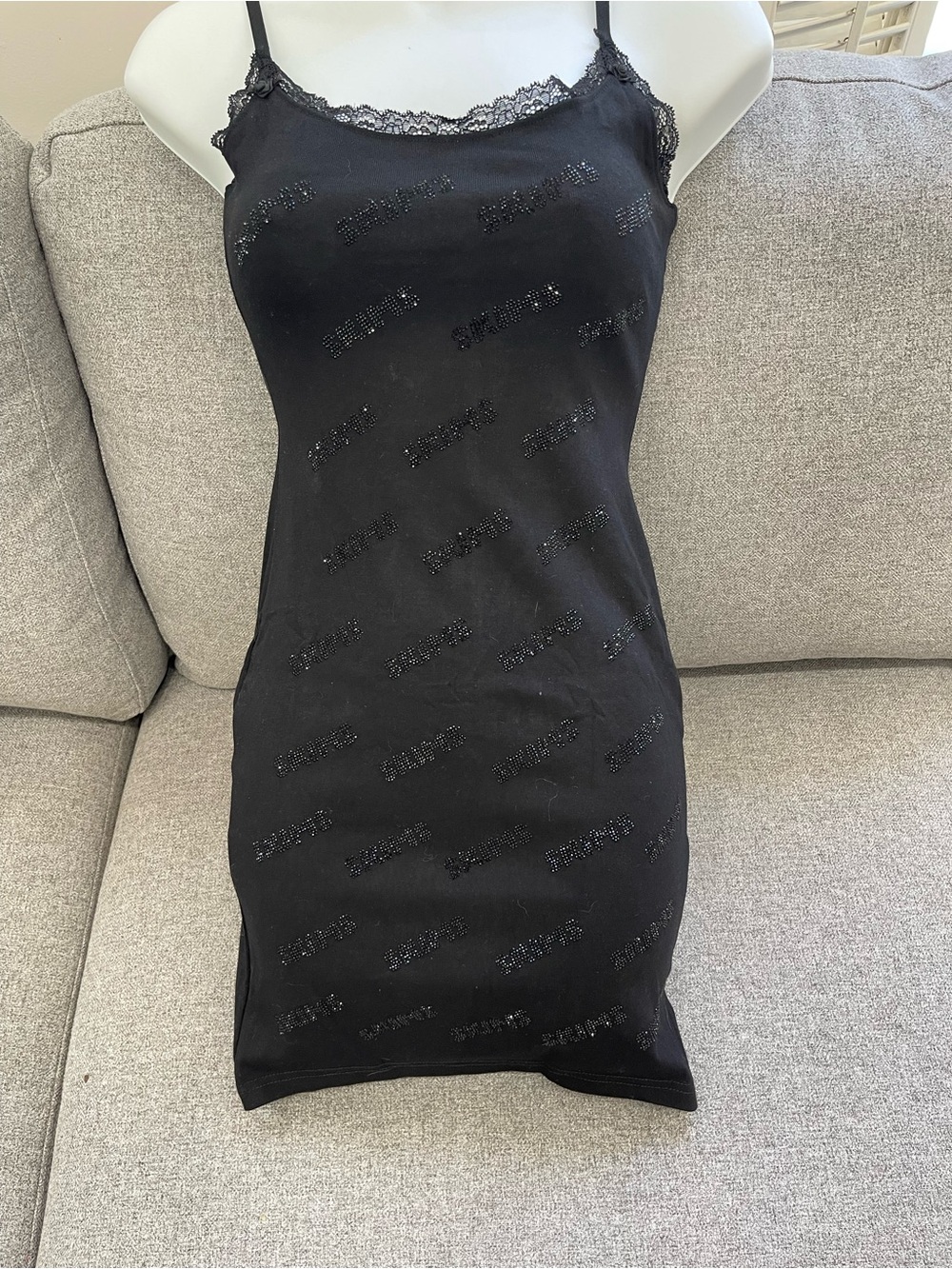 SKIMS-BLACK  Lace-Trim Slip Dress with Embellished RHINESTONES Logo Pattern M